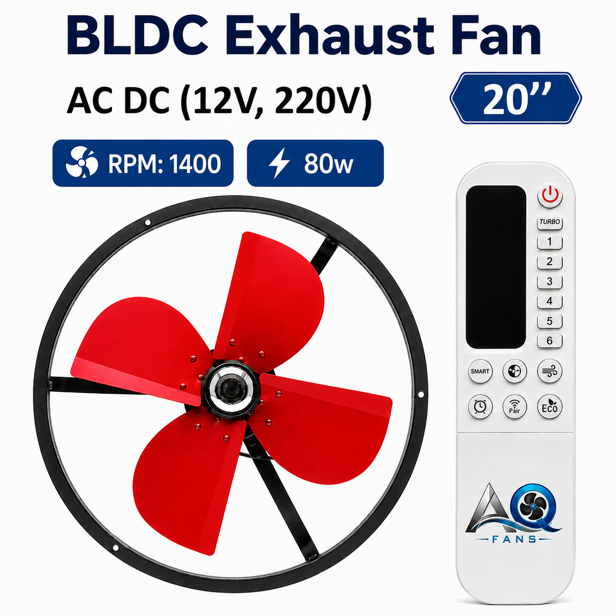 AC DC Exhaust Fan | BLDC Motor with 12V DC 220V AC | Max 80W | RF Remote | 18, 20, 24 Inch